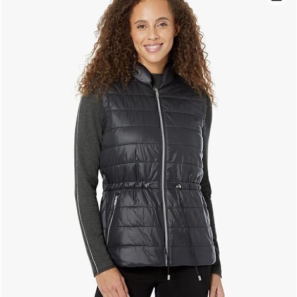 Calvin Klein Puffer Vest Womens XS packable light Black adjustable waist zip up - Picture 1 of 14